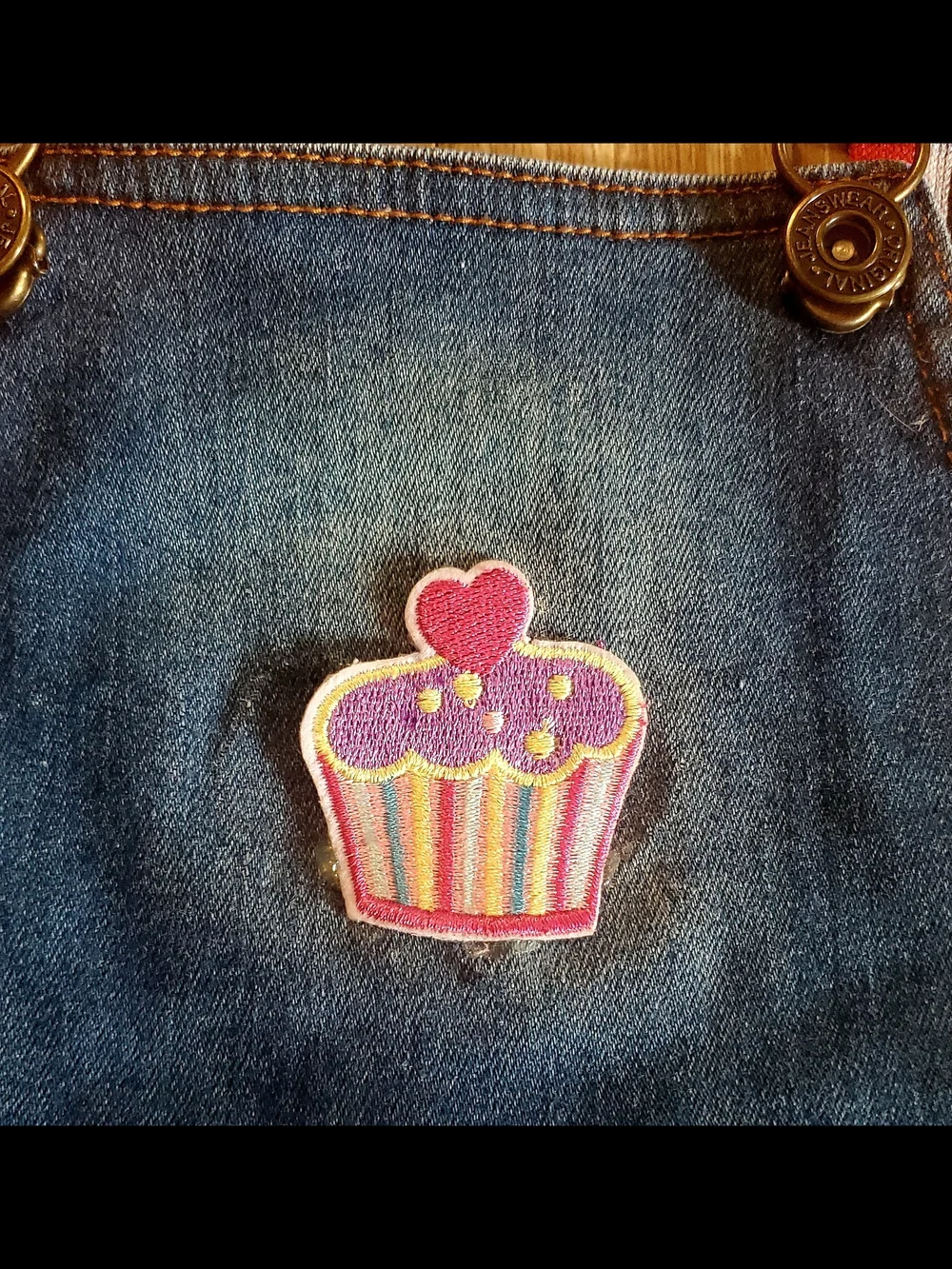 Girls Chief Denim Overall Dress with Pink Cupcake Patch and Red Straps